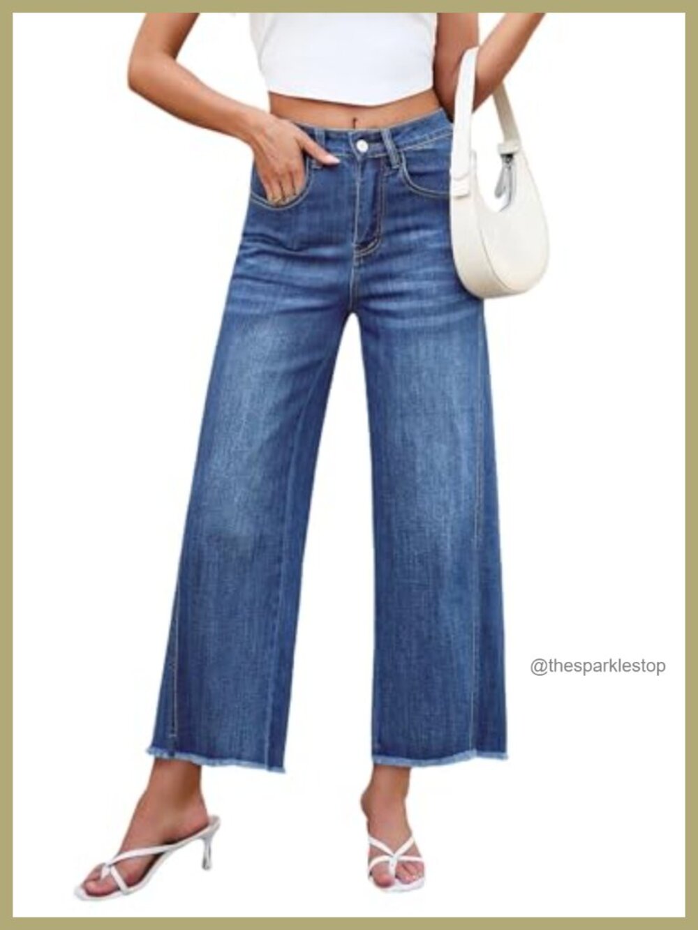 High Waist Baggy Wide Leg Cropped Jeans with Raw Hem